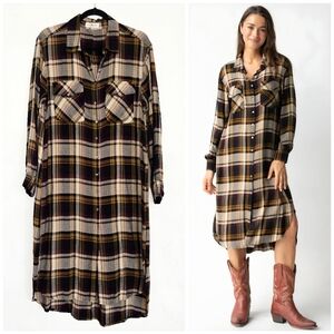 Natural Life Plaid Button Up Gauzy Brown Dress, M